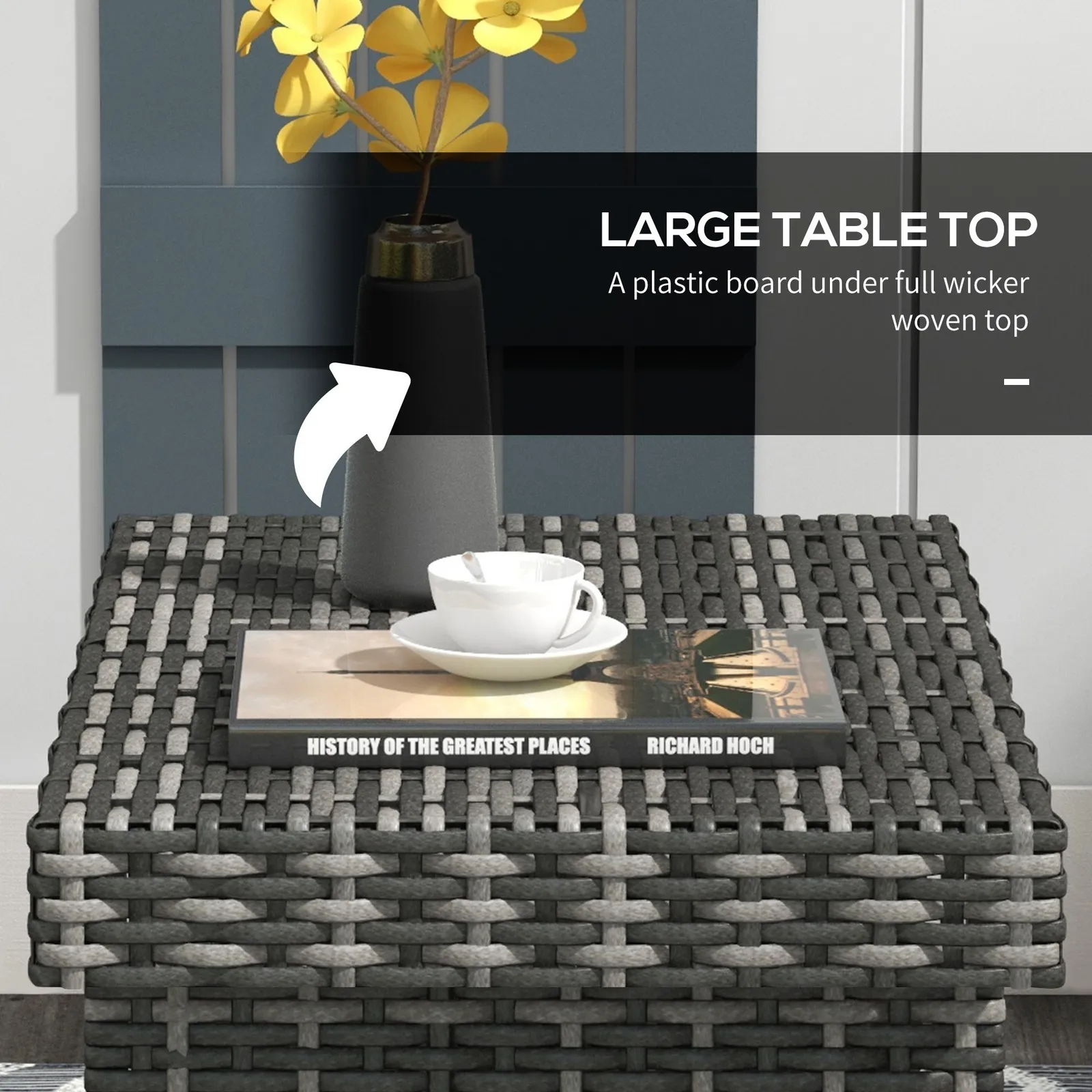 OUTSUNNY Foldable Outdoor Coffee Table, Steel Frame Rattan Side Table in Light Grey 4