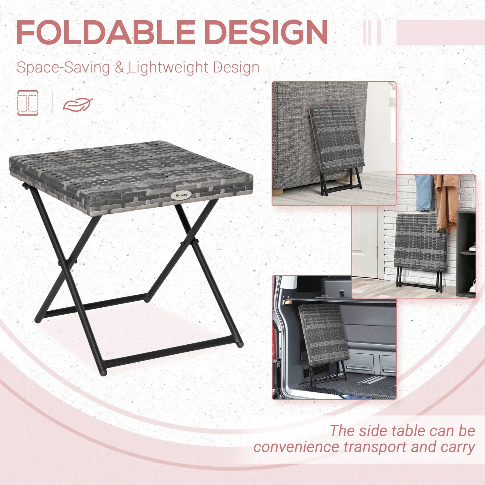 OUTSUNNY Folding Square Rattan Coffee Table w/ Steel Frame Bistro Garden in Grey 4