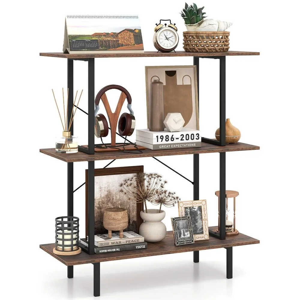 Costway 3-Tier Bookshelf Industrial Bookcase w/ Open Shelves Display Shelf in Brown