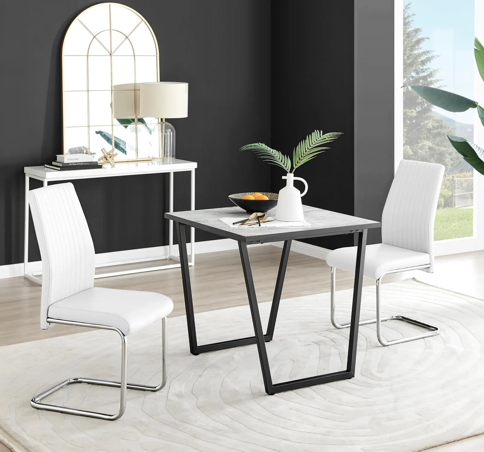 FurnitureboxUK Carson White Marble Effect Square Dining Table & 2 Faux Leather Lorenzo Chairs