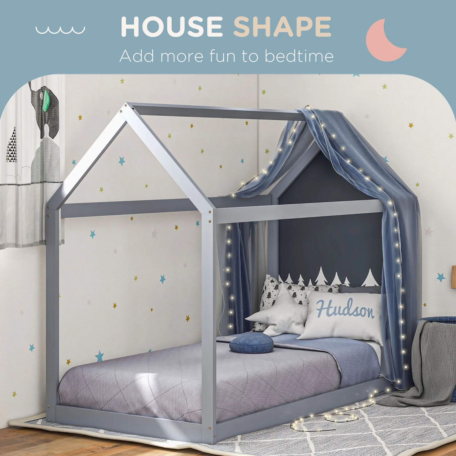 HOMCOM Wooden Single Bed Frame with Tree House Style in Grey 4