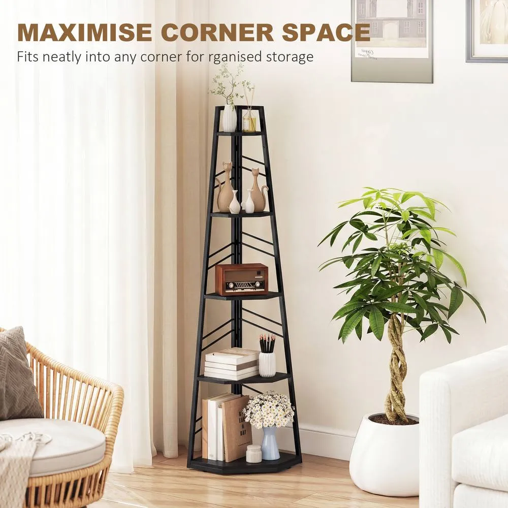 HOMCOM 5-Tier Corner Bookcase, Floor Standing Shelving Unit in Black 4