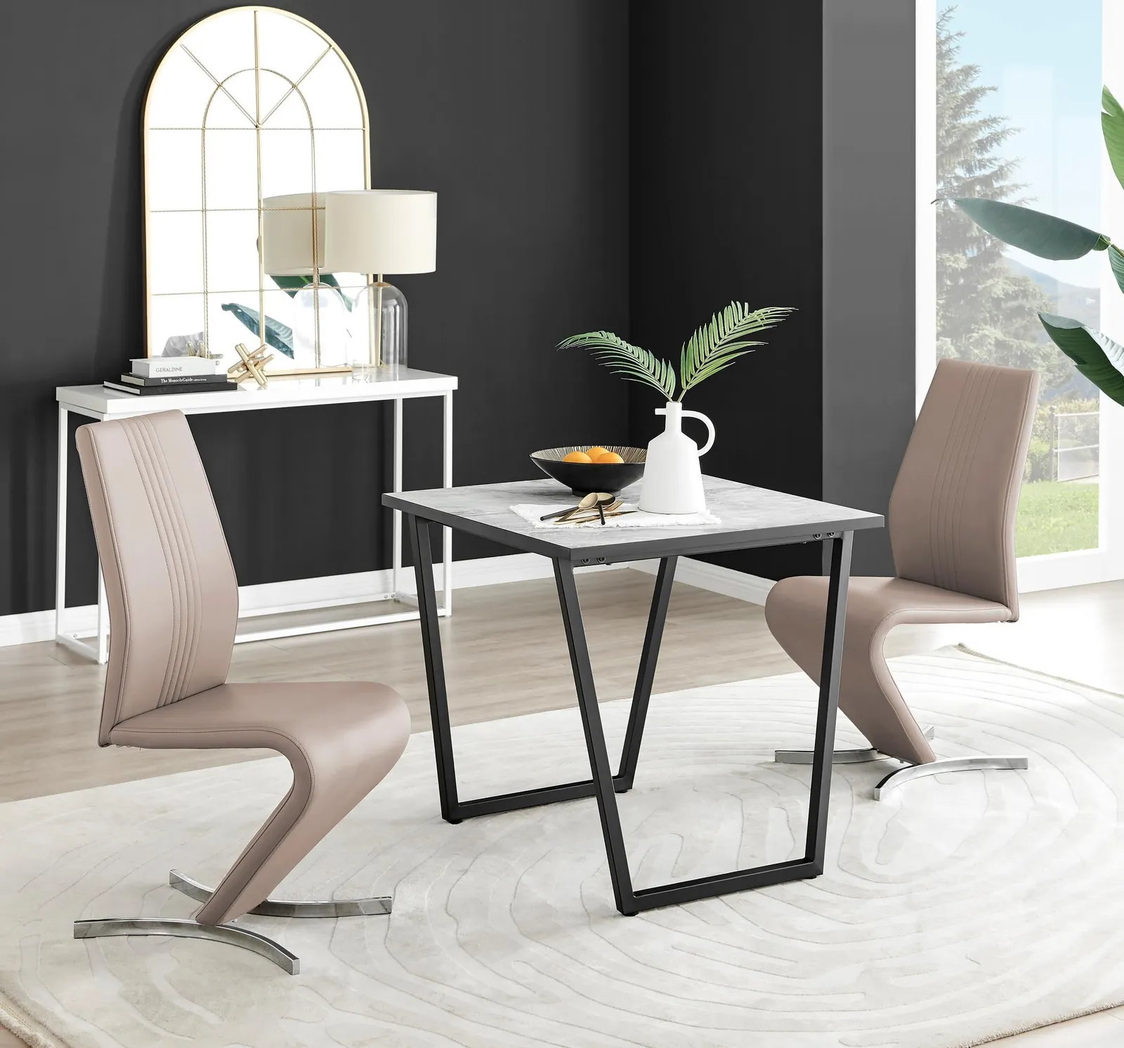 FurnitureboxUK Carson White Marble Effect Square Dining Table & 2 Faux Leather Willow Chairs in Beige