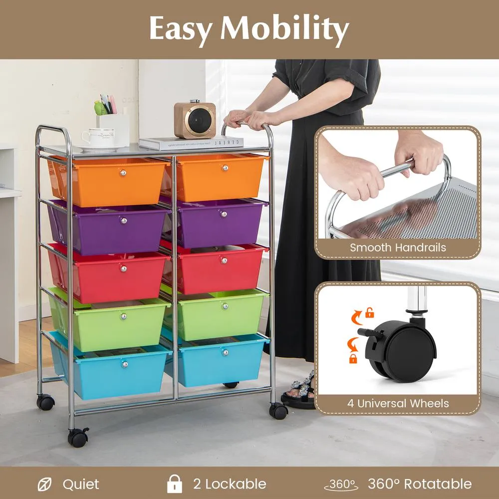 Costway 10 Drawers Storage Trolley Mobile Rolling Utility Cart Home Office Organizer 2