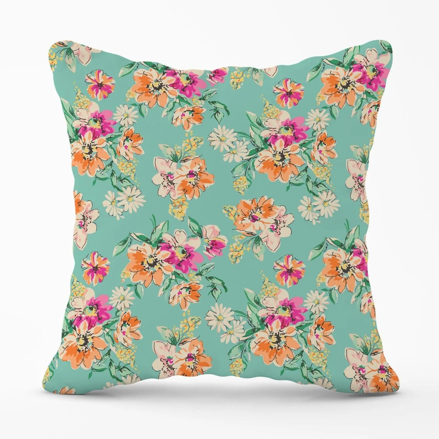 Warren Reed - Designer Bright Flower Sketch Outdoor Cushion in Green