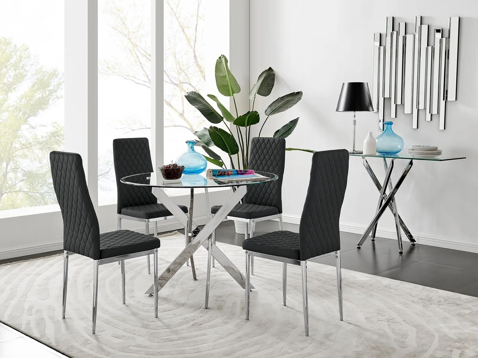FurnitureboxUK Novara Clear Tempered Glass 100cm Round Dining Table with Chrome Starburst Legs & 4 Milan Faux Leather Chairs in Black 1