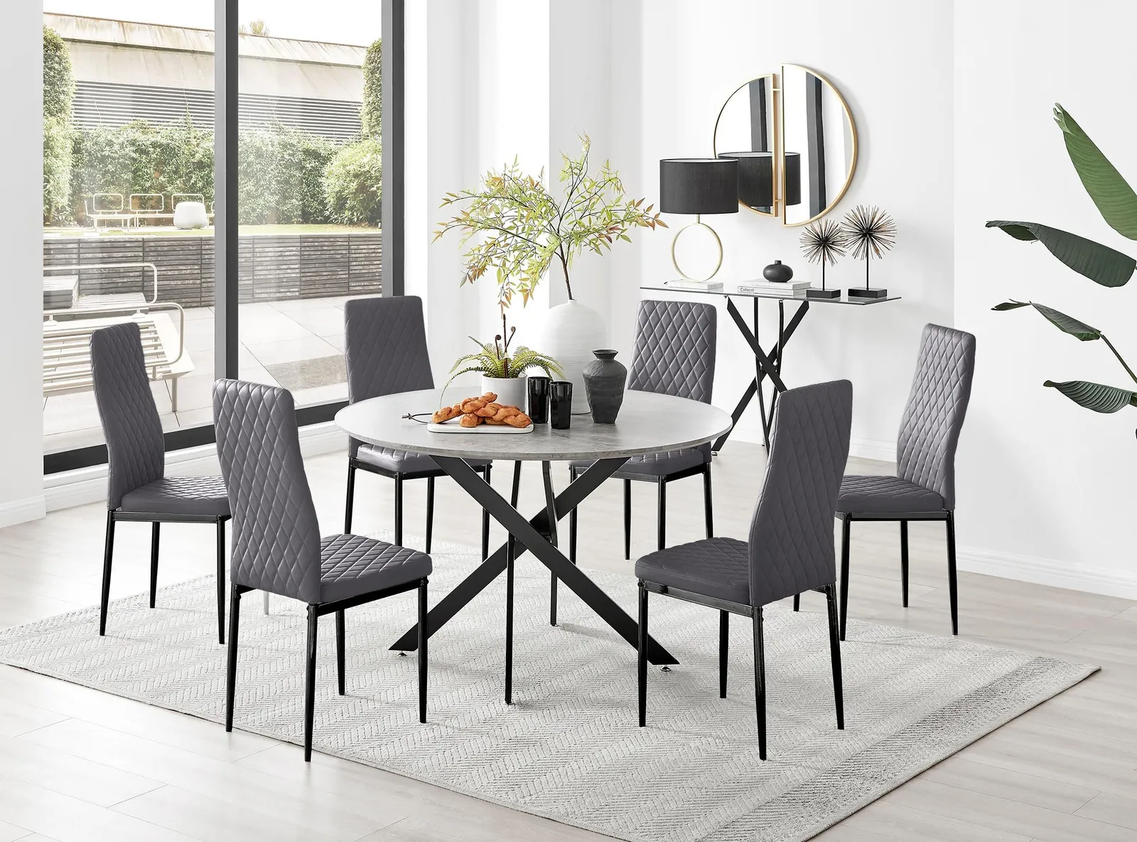FurnitureboxUK Novara Grey Concrete Effect Black Leg 120cm Round Dining Table & 6 Velvet Milan Black Leg Chairs