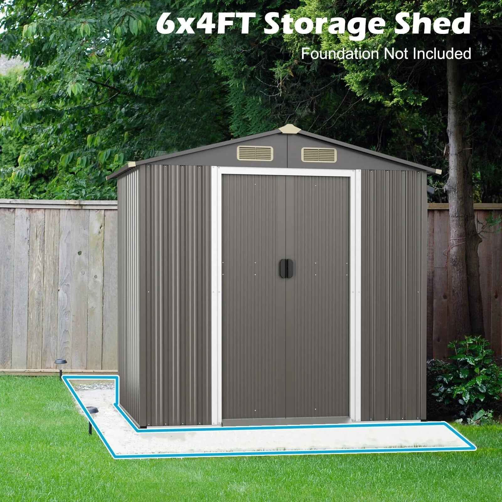 Costway 6 x 4 FT Outdoor Storage Shed Galvanized Steel Shed w/ Lockable Sliding Door in Grey 4