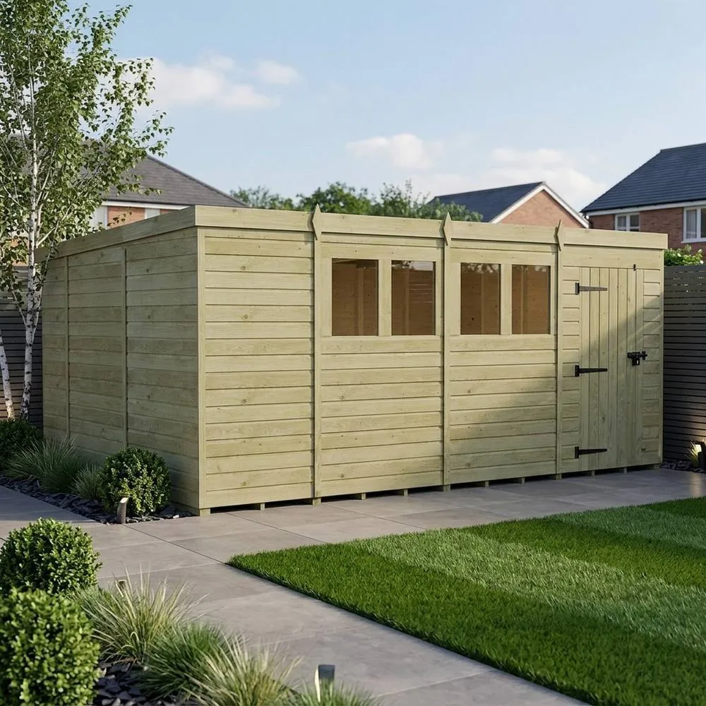Buttercup Farm 15ft x 10ft Pent Garden Shed Single Door With Windows - Timber in Brown 2
