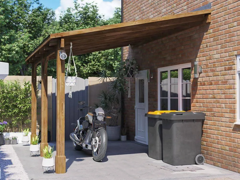 Dunster House Lean To Wooden Gazebo Canopy with Shingles 4m x 3m - Leviathan in Brown 2