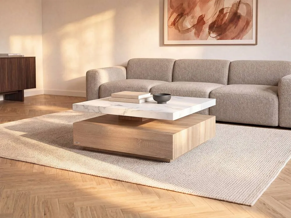 Vente-unique Swivel Coffee Table With 1 Drawer In MDF - White & Natural Marble in Light Oak 3