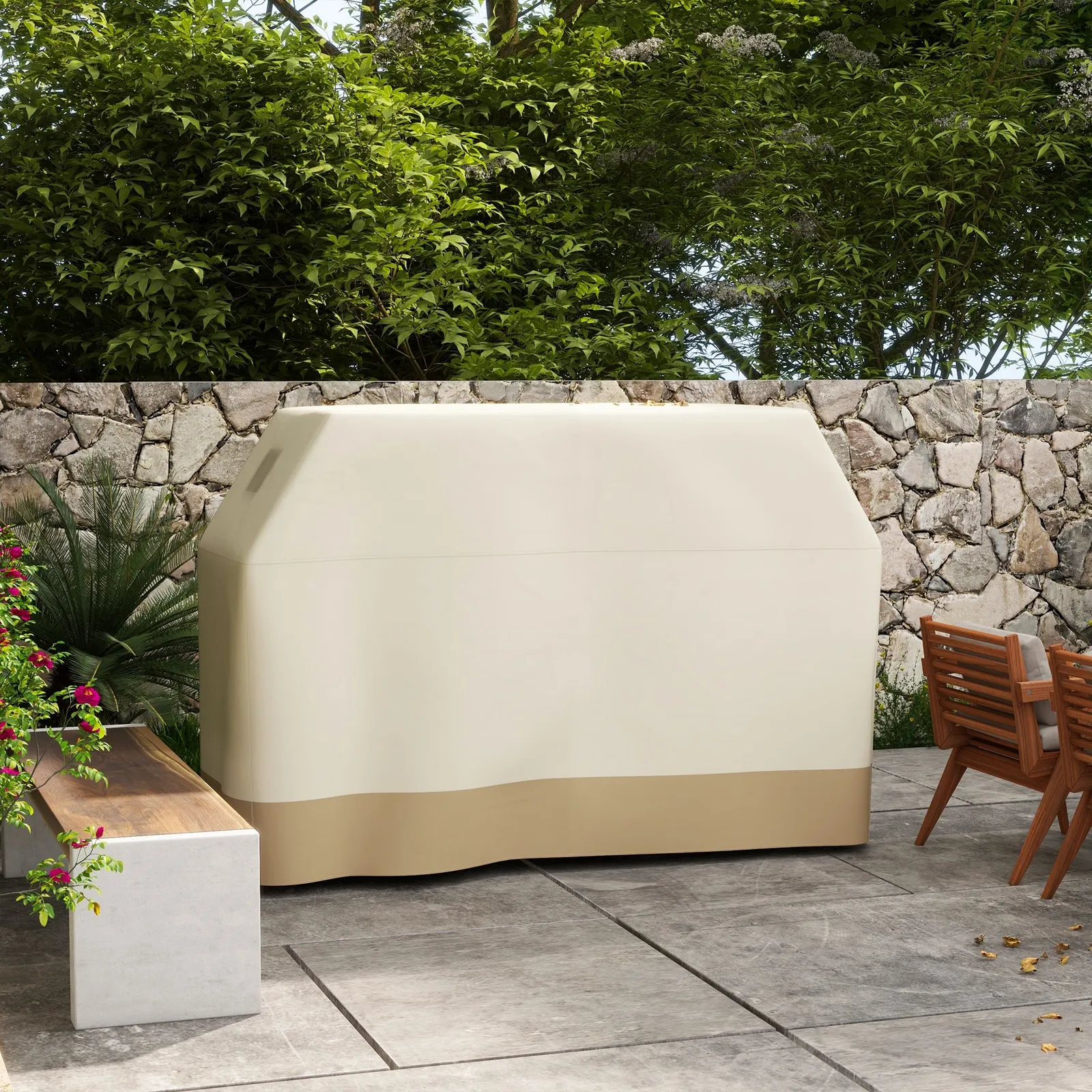 OUTSUNNY BBQ Cover for Rectangular Gas Grill, 300D Oxford Fabric Barbecue Covers with Windproof Buckles in Beige