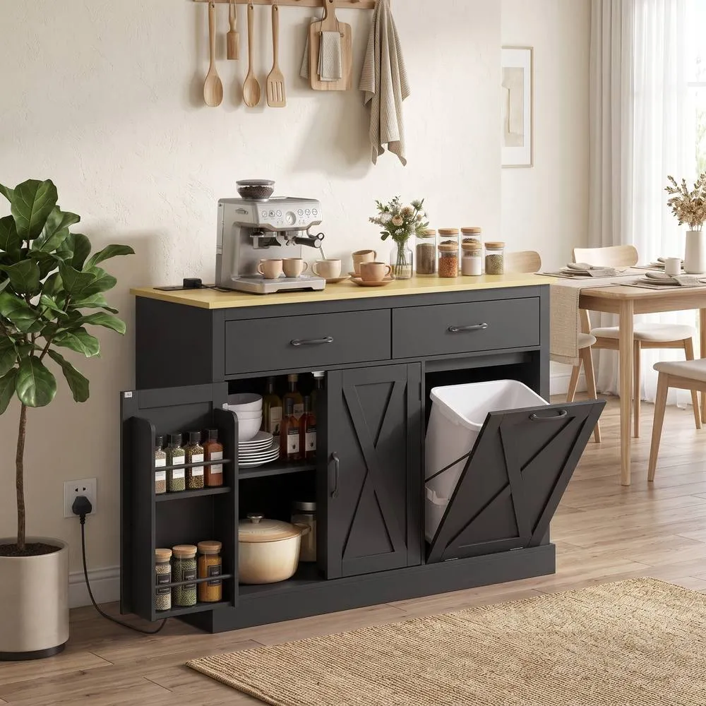 HOMCOM Tilt Out Trash Cabinet with Charging Station & Storage, Black 2