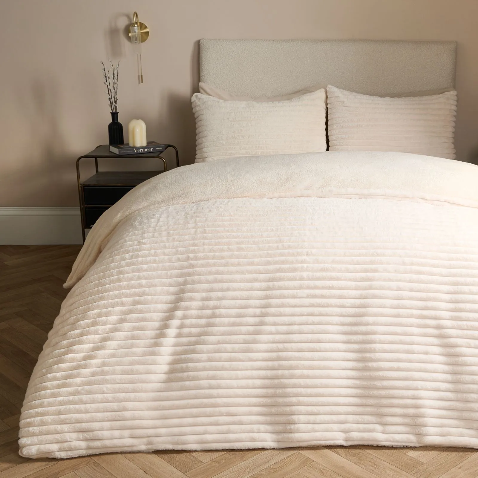OHS Ribbed Duvet Cover Faux Fur Winter Warm Bedding Set in Cream