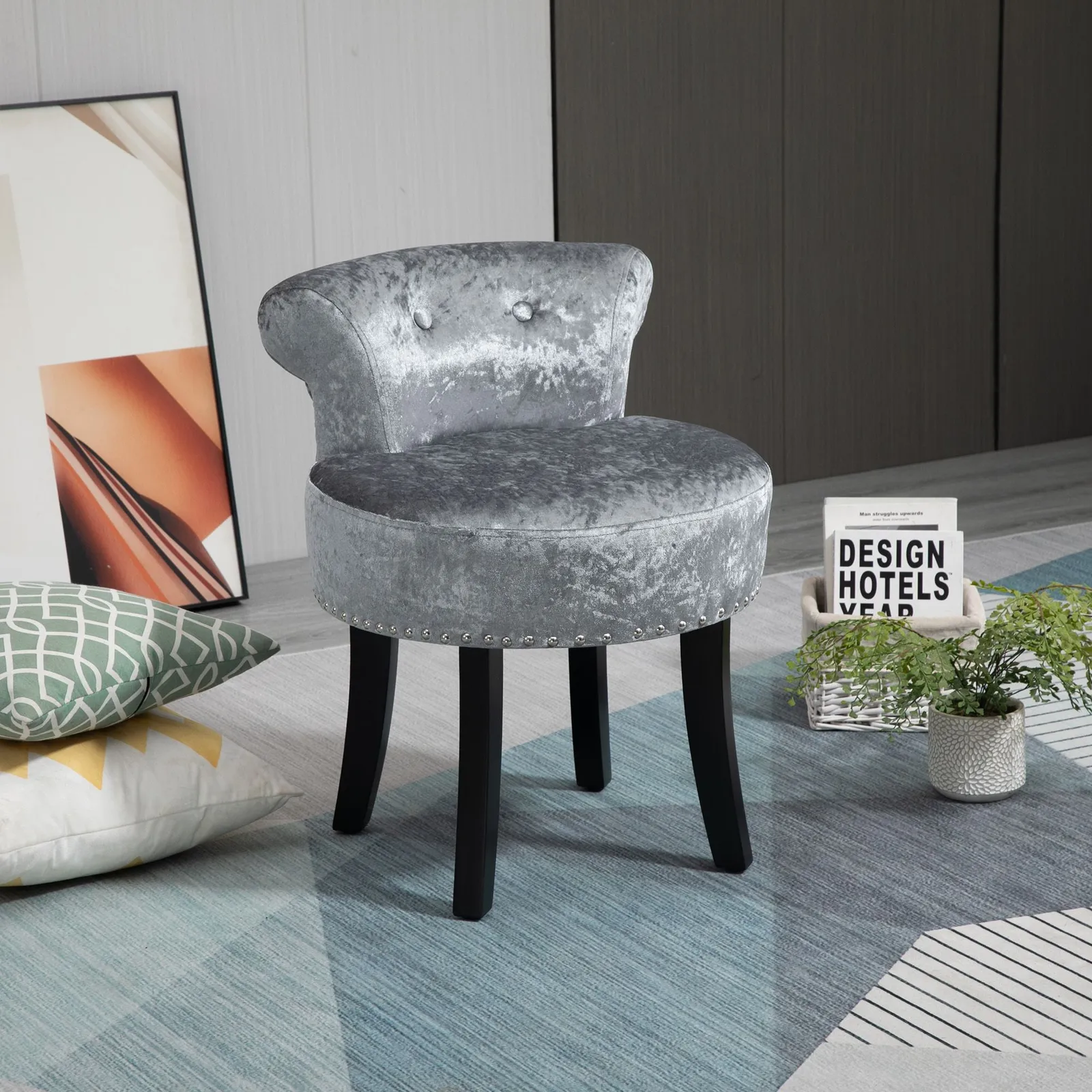 HOMCOM Dressing Table Stool with Rubber Wood Legs for Living Room Bedroom in Grey