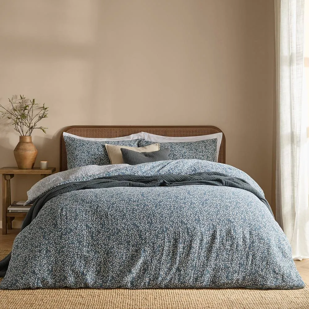 Yard Perrie Leaf Muslin 100% Cotton Duvet Cover Set in Blue 2