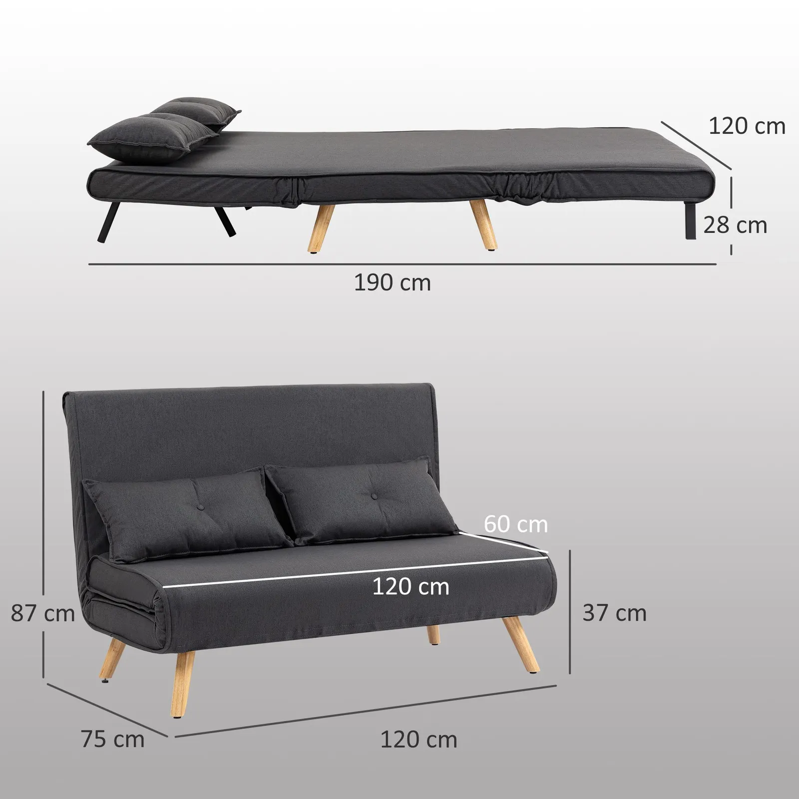 HOMCOM Click Clack Sofa Bed, 2 Seater Bed Settee for Living Room in Dark Grey 3