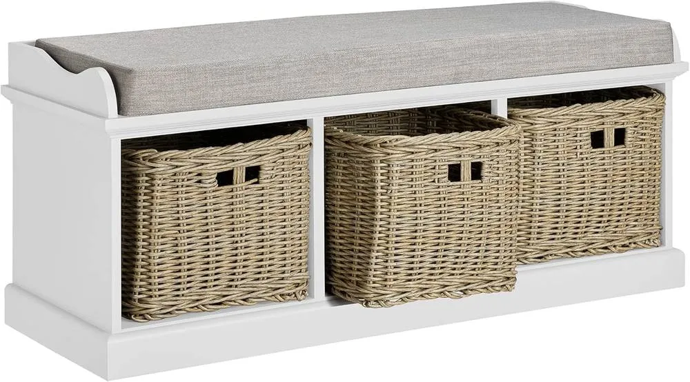 Statement Furniture Tetbury 3 Brown Faux Wicker Basket & Grey Cushion Hallway Set in White 4