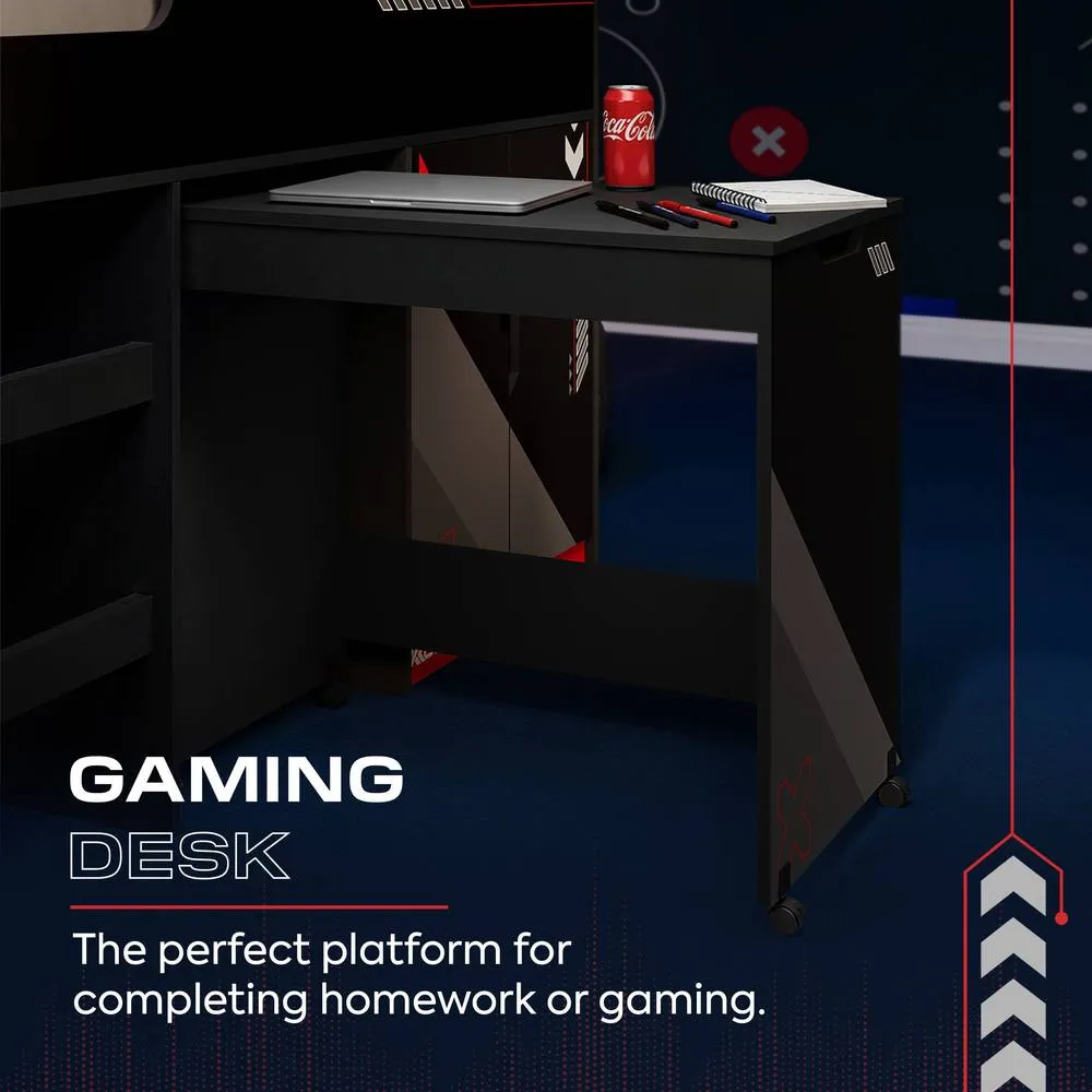 X Rocker Octane Mid Sleeper Gaming Cabin Bed Wardrobe & Pull out Desk in Red 4