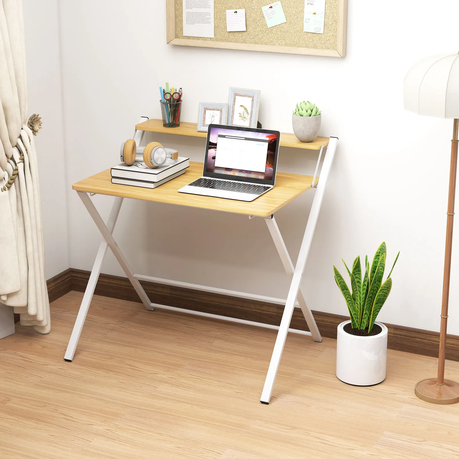 HOMCOM Folding Desk with 2-Tier Shelf for Home Office, Maple Wood-effect in Natural