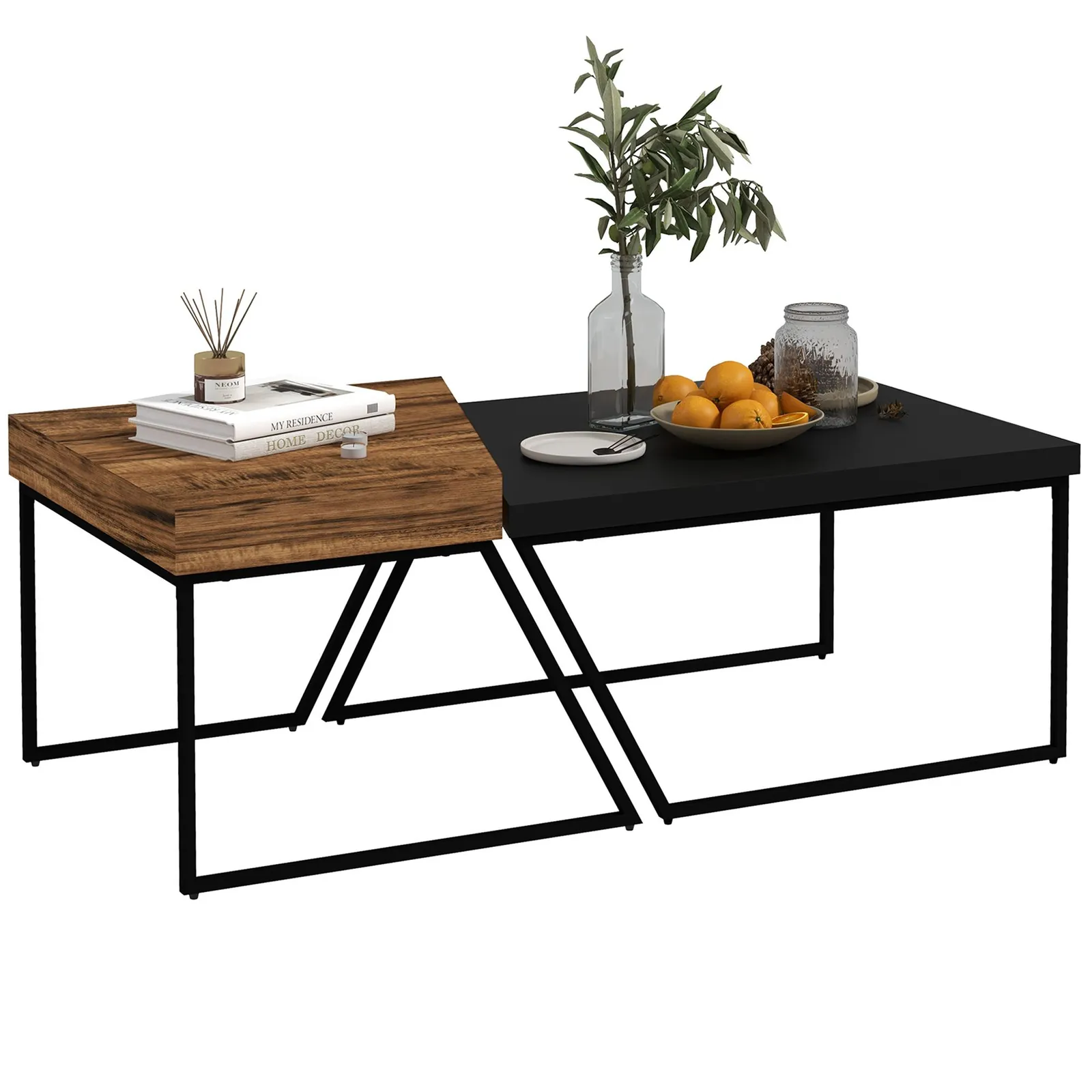 HOMCOM Industrial Coffee Table Set of 2, Geometric Coffee Tables for Living Room in Brown 2
