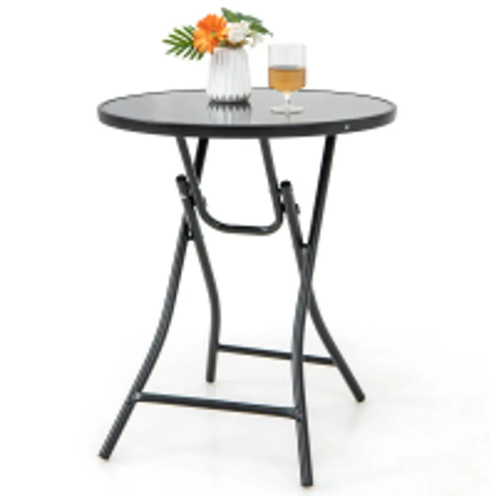 Costway Folding Round Patio Bistro Table Tempered Glass Tabletop Outdoor Cocktail Table in Black
