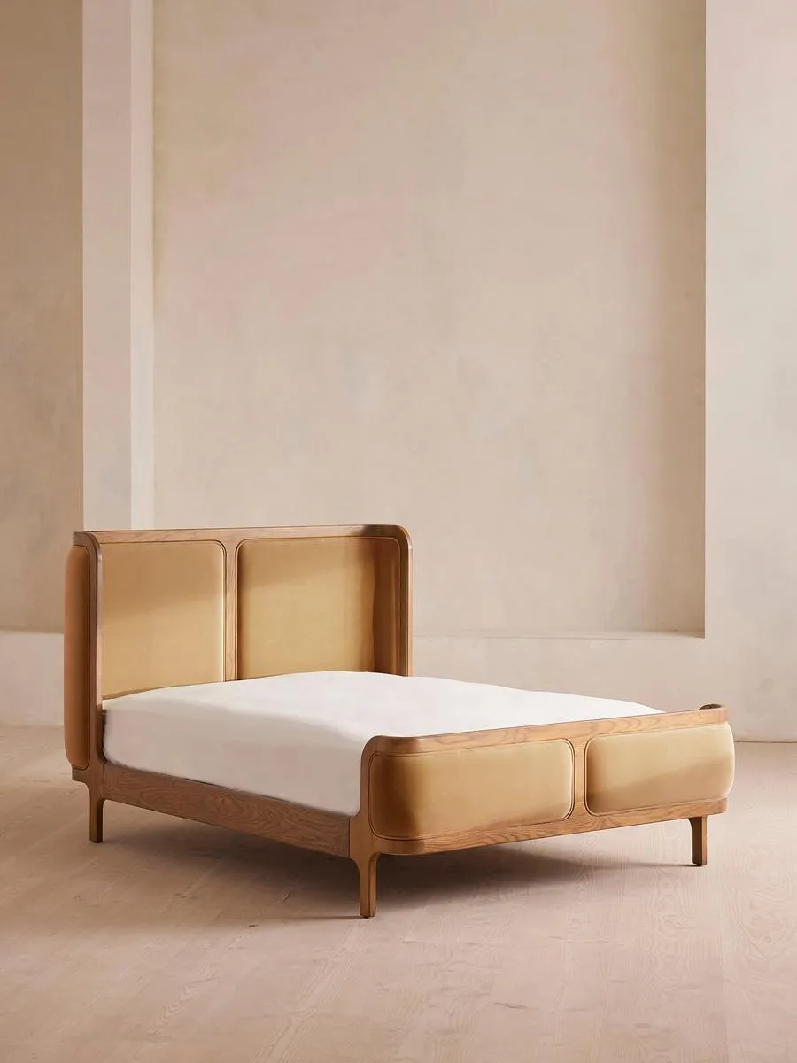 Belsa Bed, Light Oak, King, Velvet, Camel