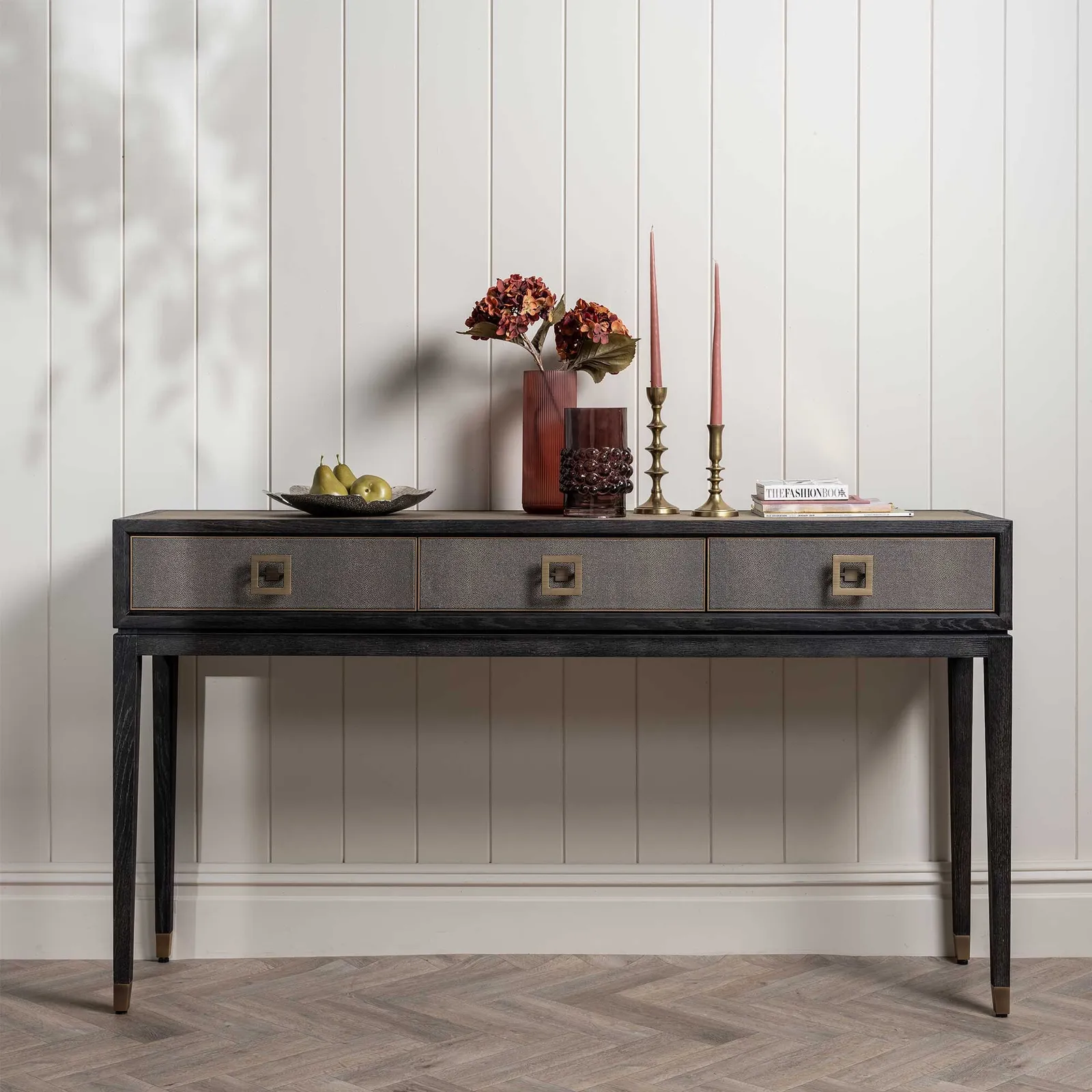 Nerina 3 Drawer Console Table, Black Oak | Barker & Stonehouse 2