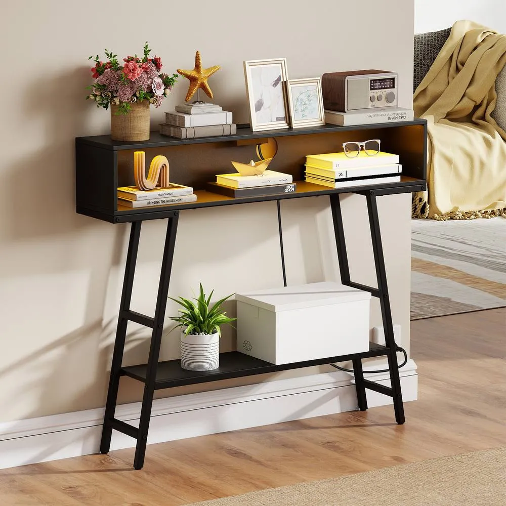 Costway 3-Tier Console Table Entryway Table Narrow Sofa Table w/ LED Light in Black 6