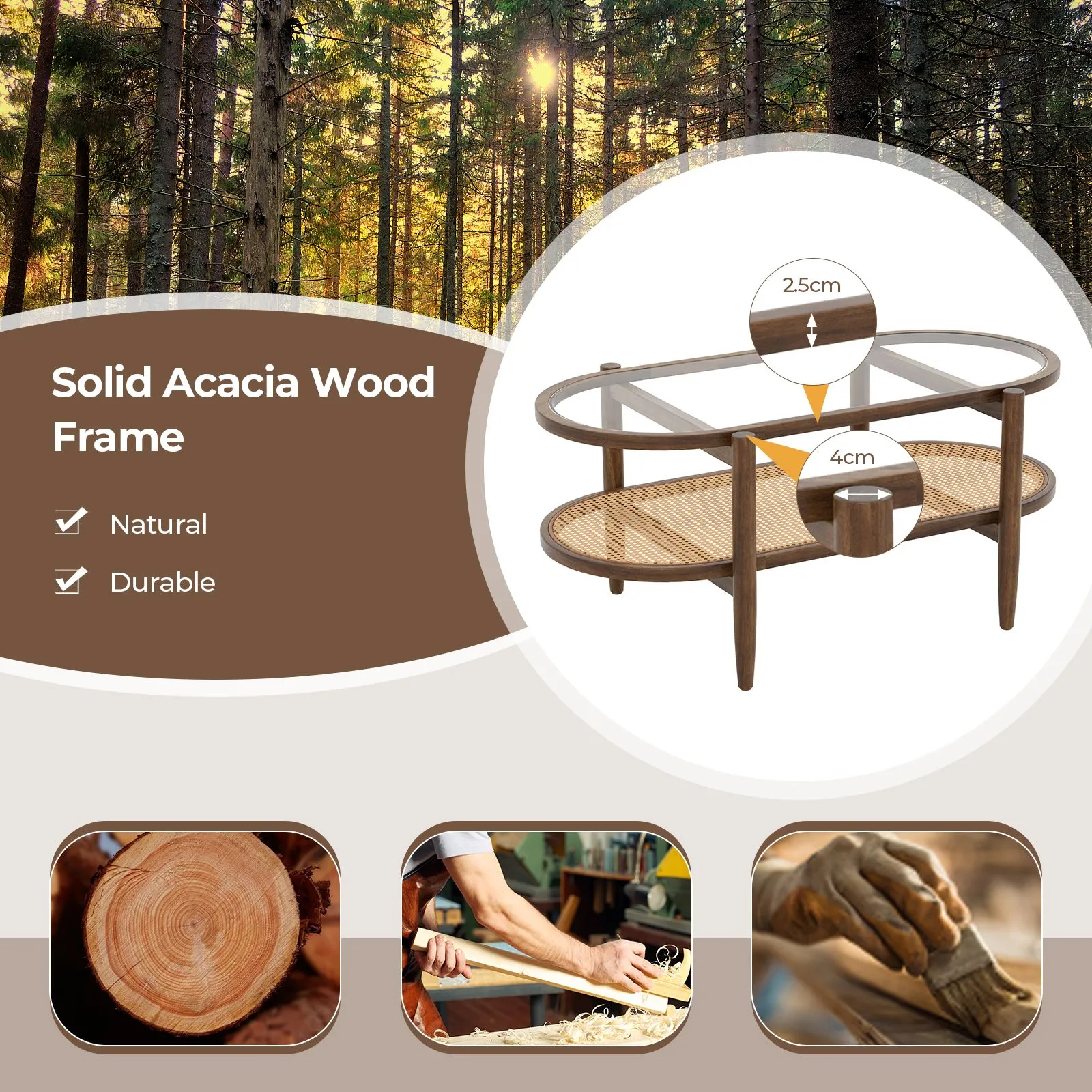 Costway 2-Tier Coffee Table Rattan Center Cocktail Tea Table Tempered Glass Tabletop in Brown 5