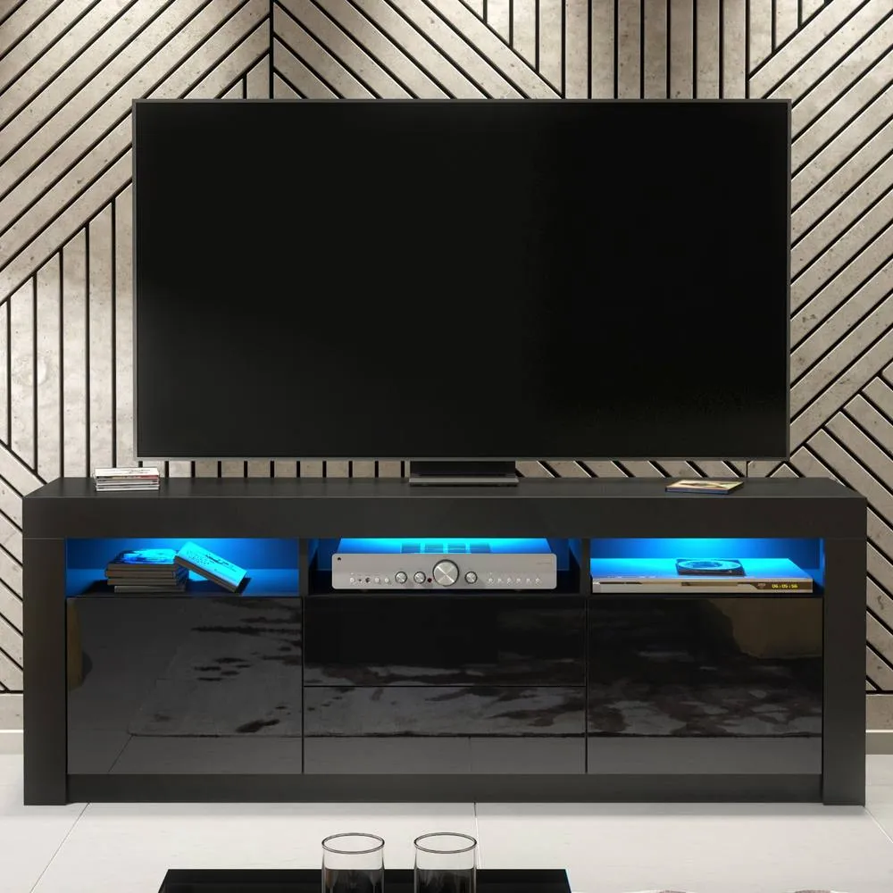 Creative Furniture Shine TV Unit 160cm - Black with Gloss Doors & LED Lights