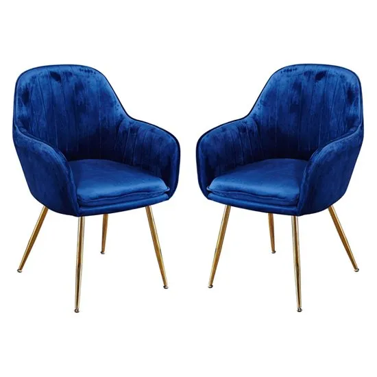 Lara Royal Blue Dining Chair With Gold Legs In Pair