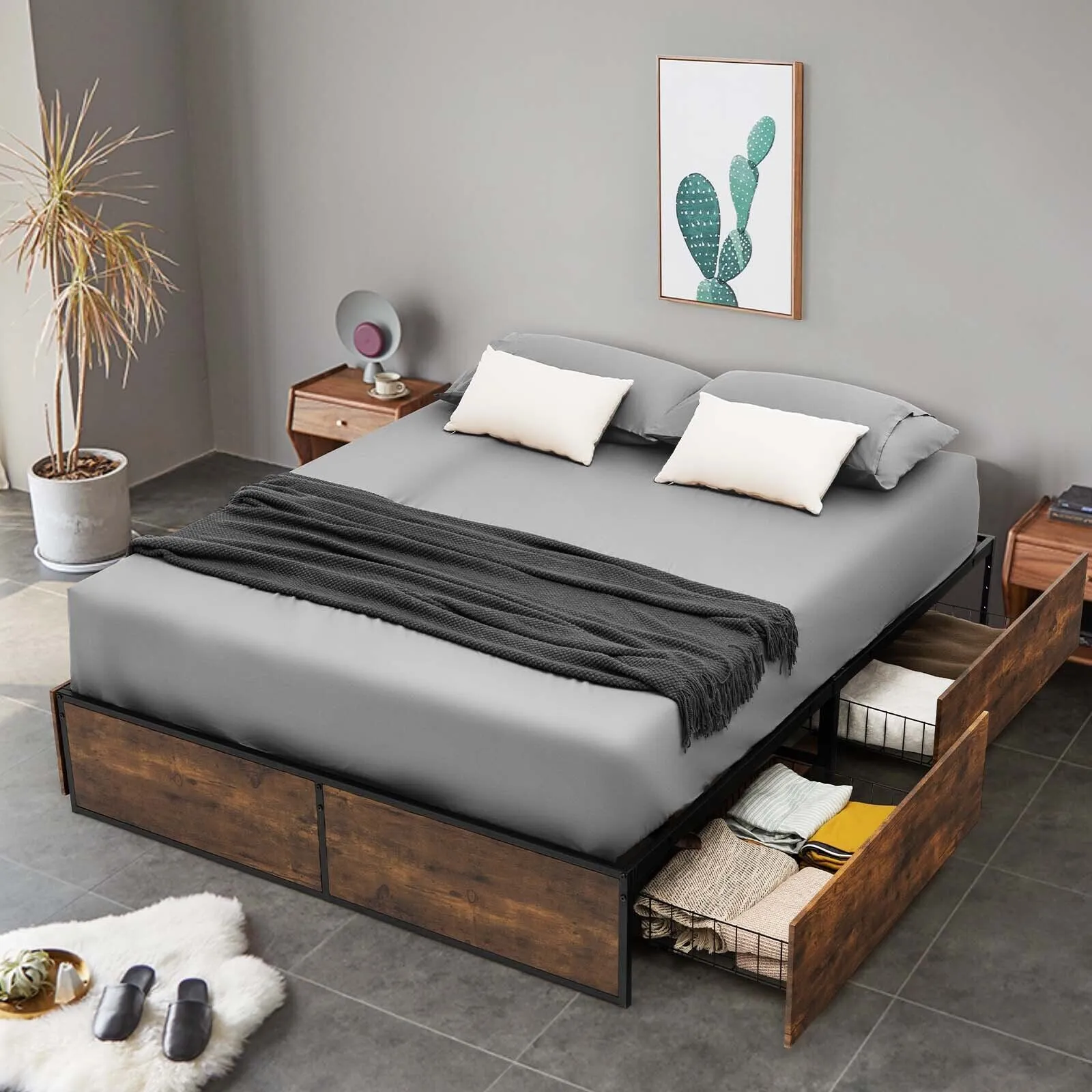Costway Double Iron Bed Frame 4 Underbed Storage Drawers Platfrom Bed Slat Support Base in Brown 4