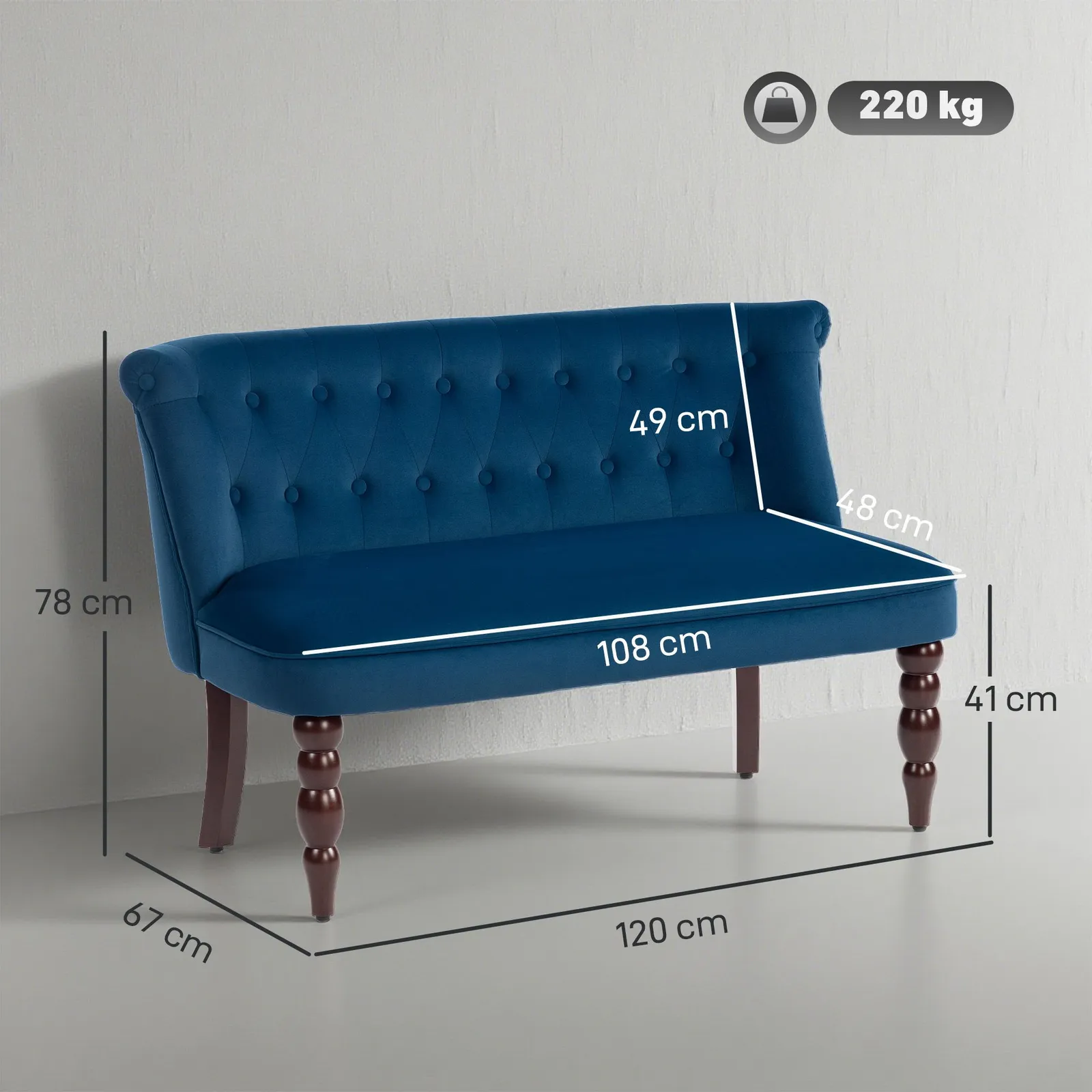 HOMCOM Velvet-Feel Two-Seat Lounger Sofa with Wood Frame, Dark Blue 3
