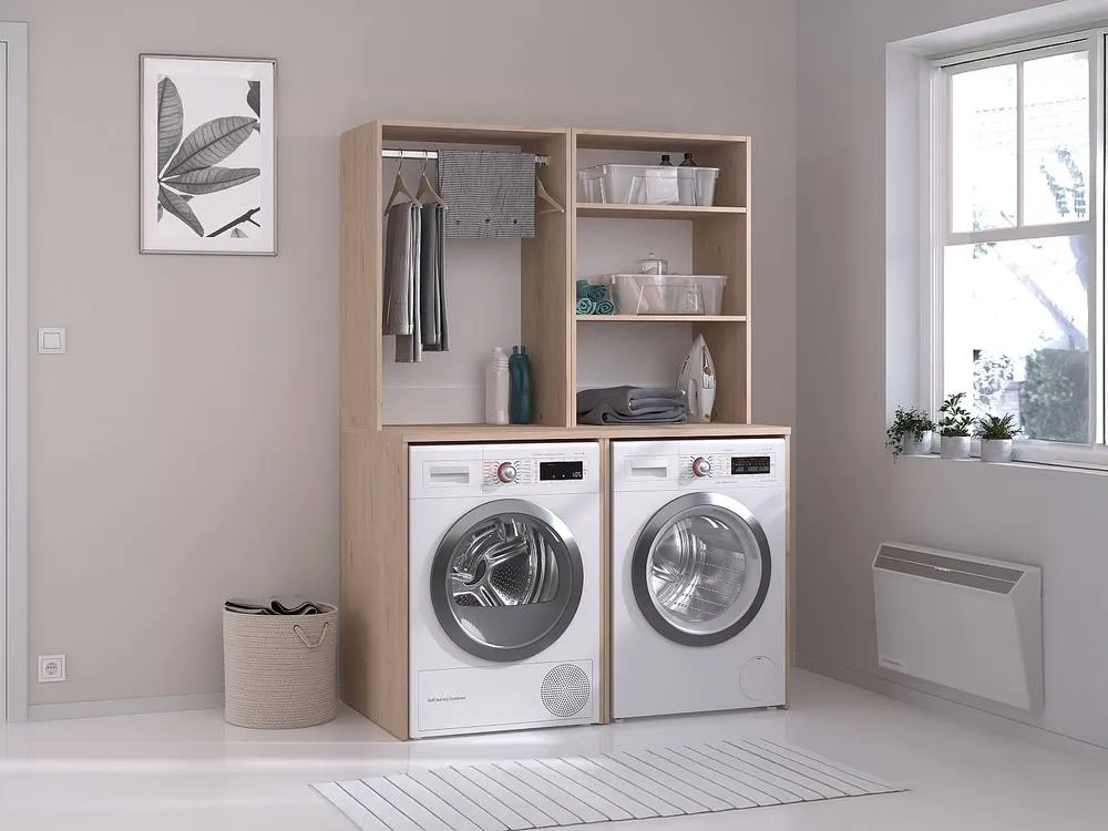 Vente-unique Furniture for 2 Washing Machines With Wardrobe & Shelves - Light in Light Oak