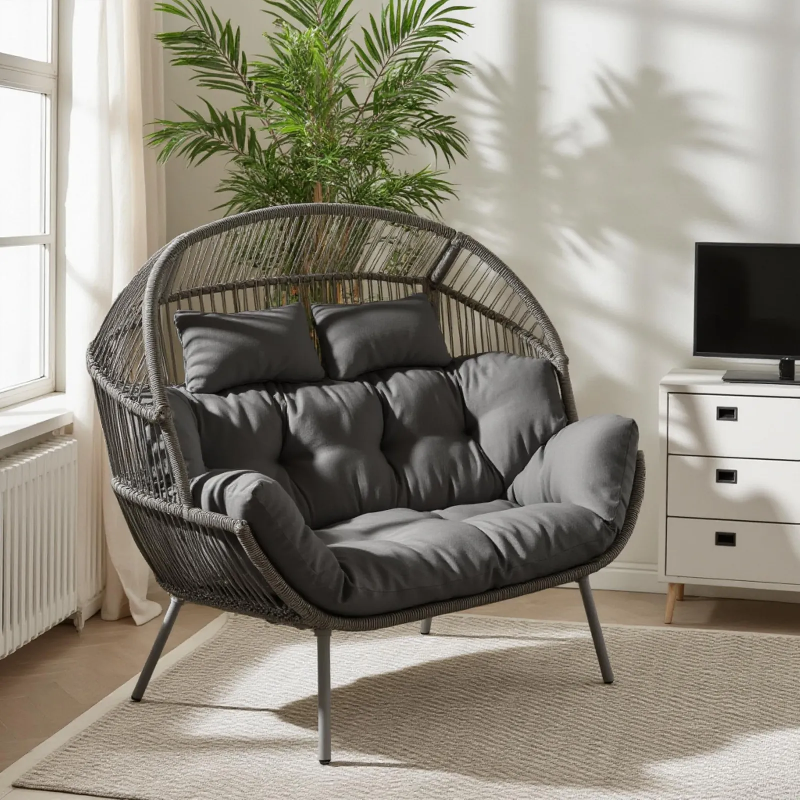 FurnitureboxUK Egg Grey Indoor / Outdoor Rattan Double Chair