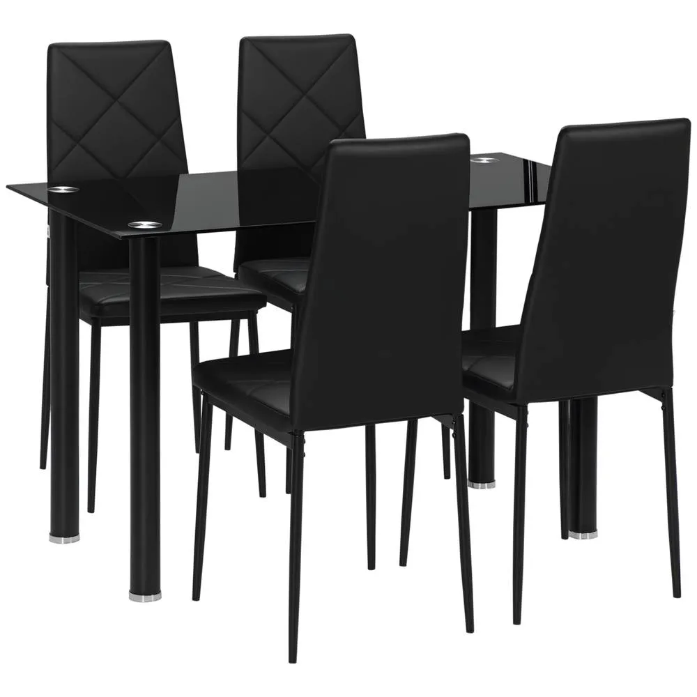 HOMCOM Dining Table & Chairs Set 4 with Padded Seat & Tempered Glass in Black