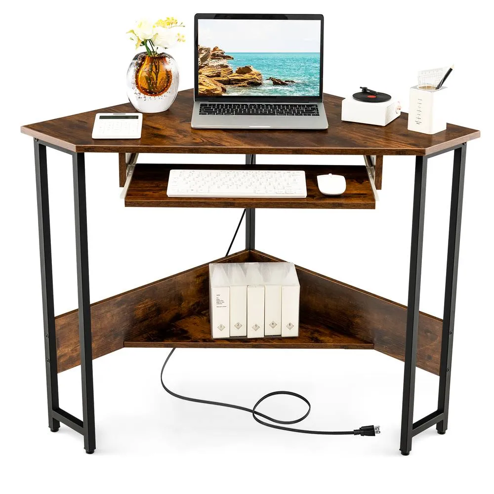 Costway Corner Desk Small Computer Desk Triangle Laptop Workstation in Brown