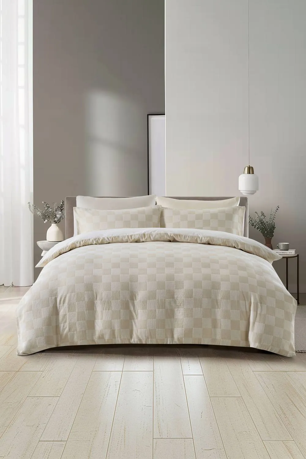 The Linen Consultancy Lazy Linens Chilled Checkerboard Duvet Cover Set in Natural