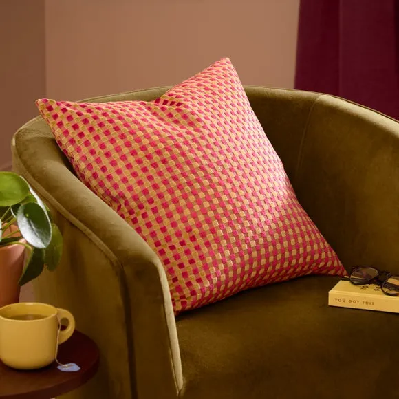 Furn Checkered Velvet Cushion Hot Pink 45 X 45Cm, Pink