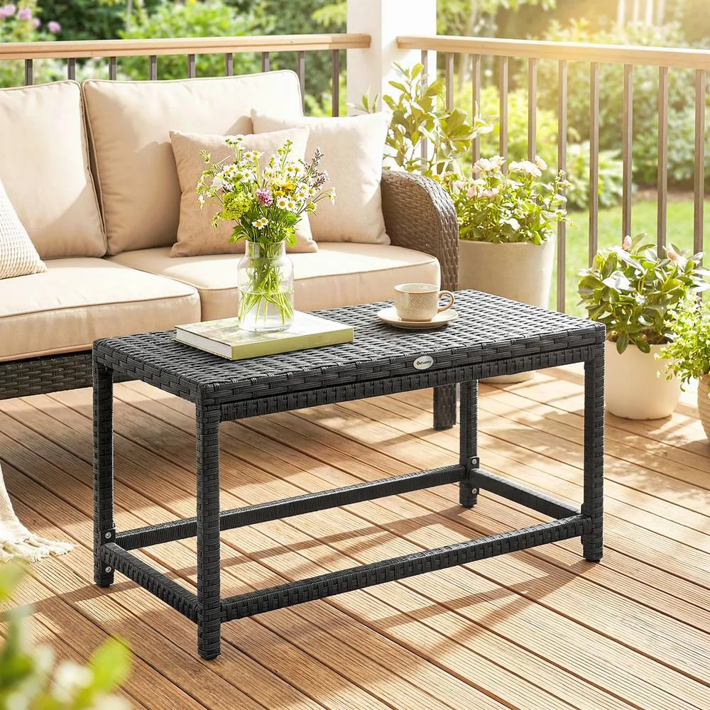 OUTSUNNY Outdoor Coffee Table, PE Rattan Side Table w/ Plastic Board, Black