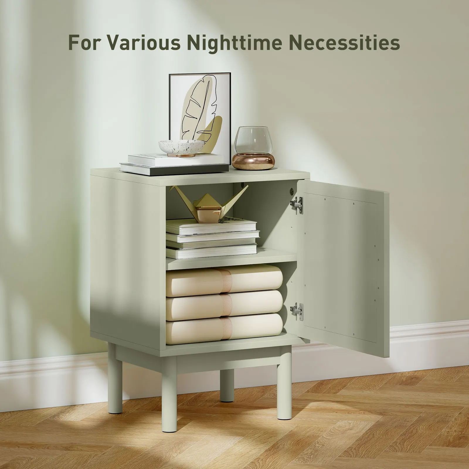 HOMCOM Boho Bedside Table with Rattan Door & Adjustable Shelf in Light Green 4
