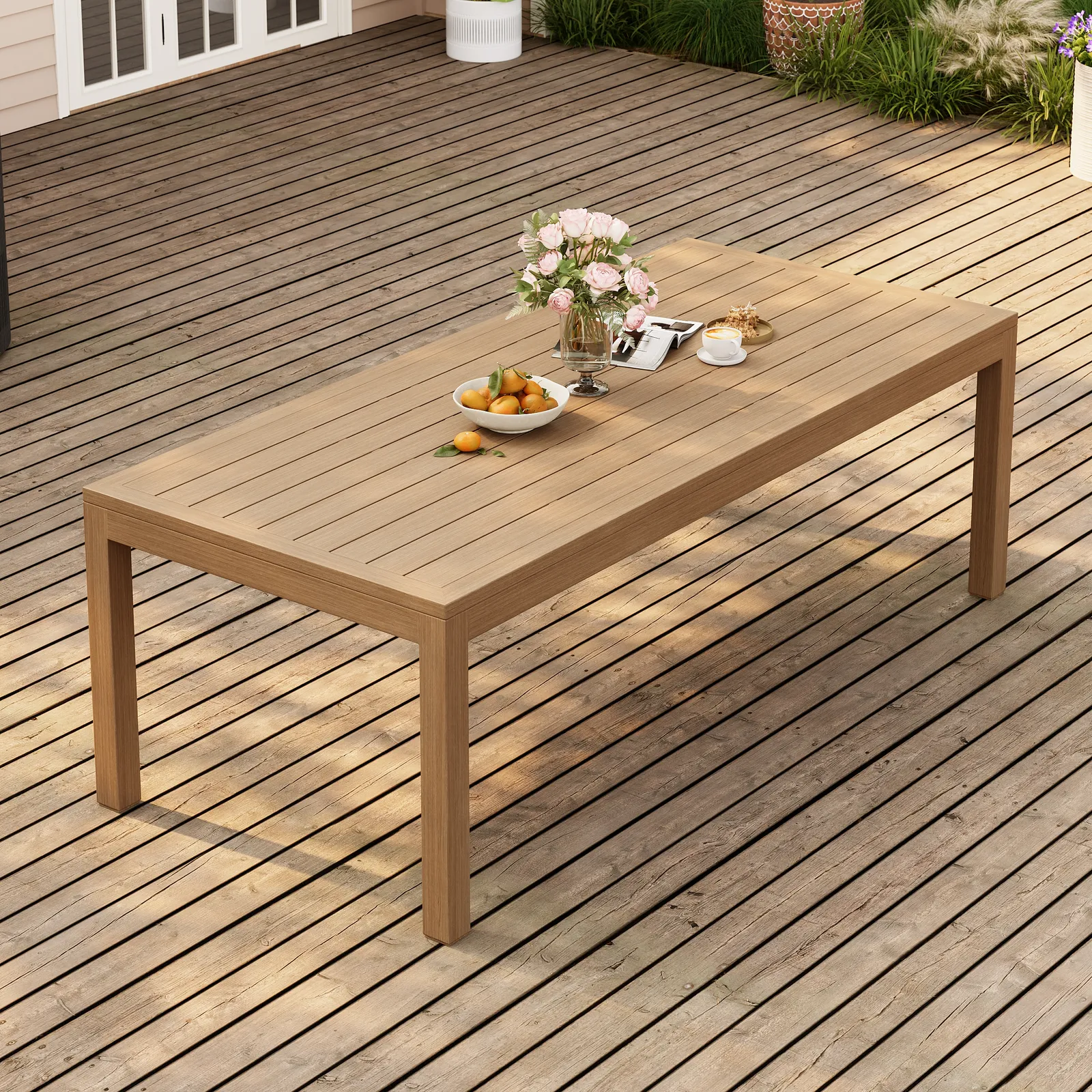 Wevara 220 cm Walnut-Finished Aluminium Slatted Outdoor Dining Table