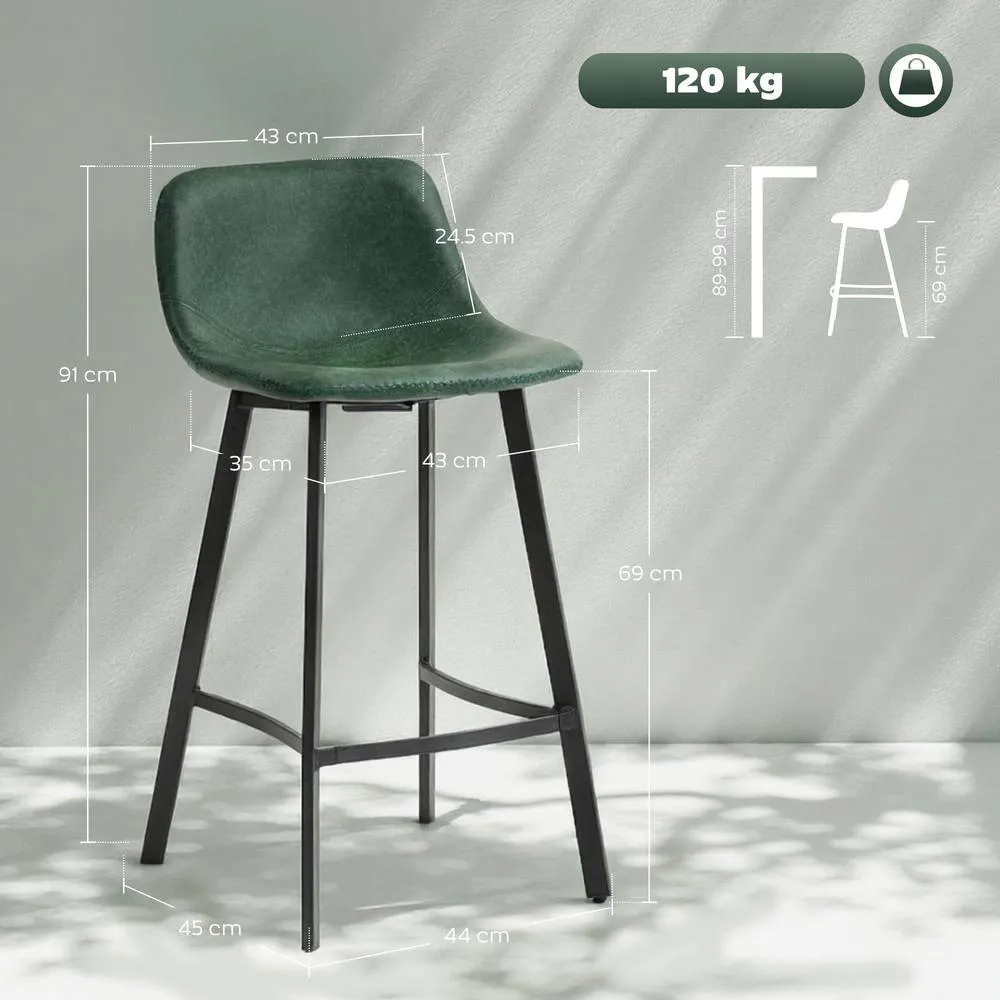 HOMCOM Bar Stools Set of 2, Bar Chairs with Back & Steel Legs in Green 3