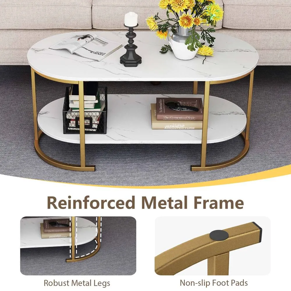 Costway Oval Coffee Table 2-Tier Living Room Center Table with Storage in White 6