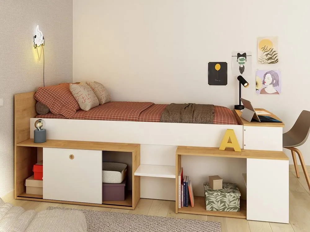 Vente-unique Combination Bed 90 X 200 Cm With Desk & Storage - White & Natural in Light Oak 5