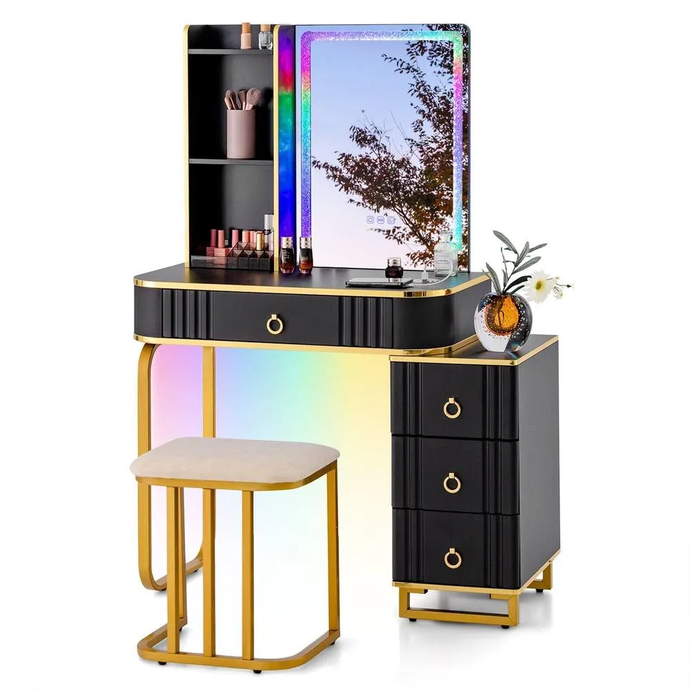 Costway Dressing Table & Stool Set w/Mirror RGB Lights & Charging Station in Black