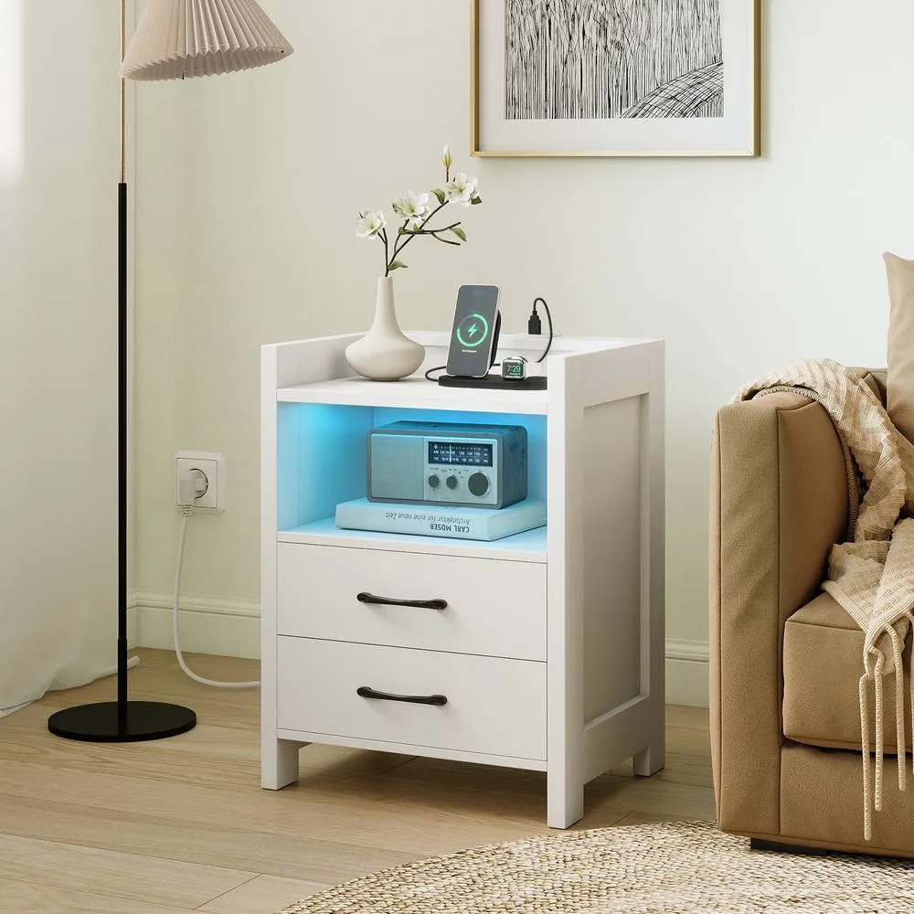 Costway LED Bedside Table with 2 Drawers Sofa Side Table White 4