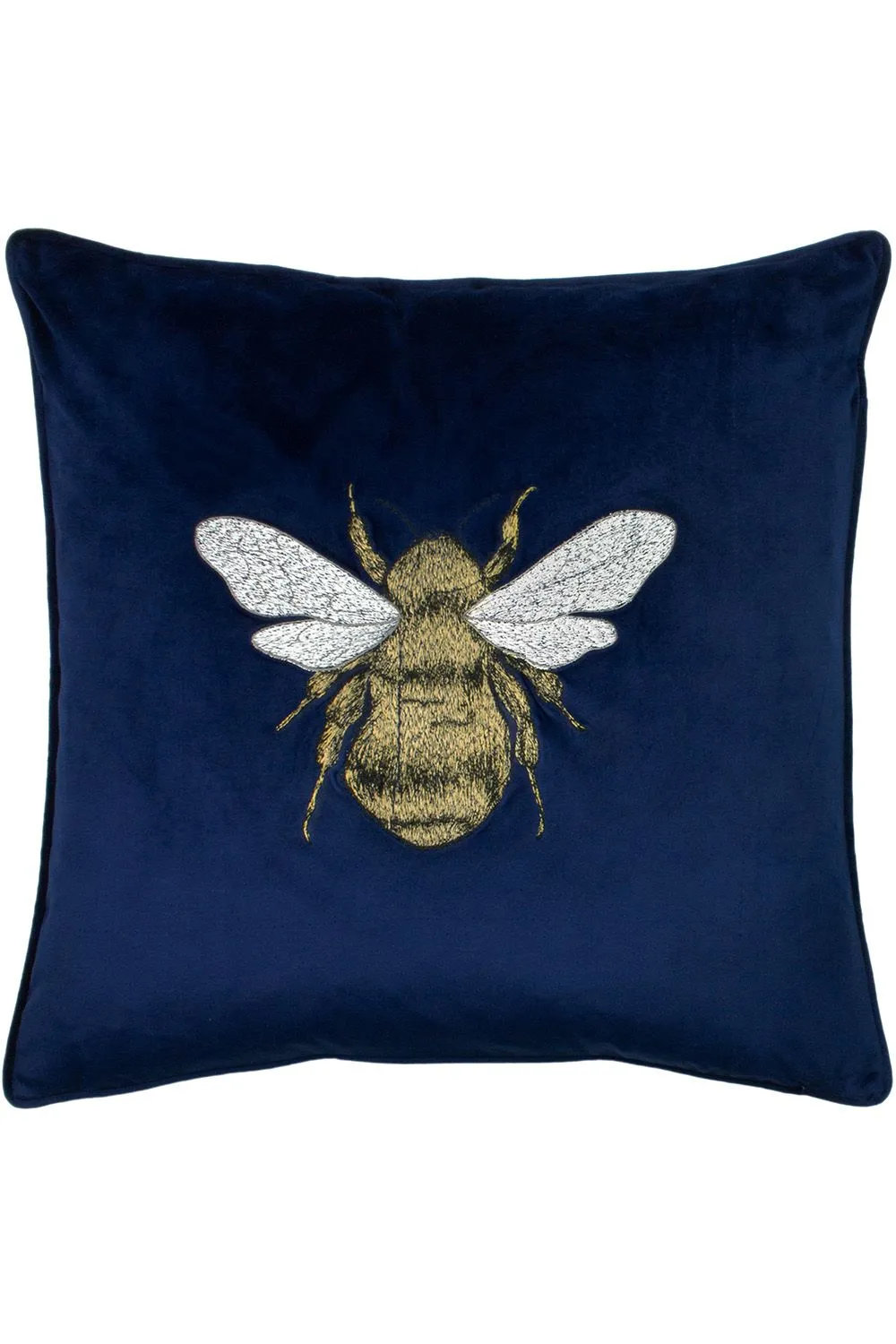 Paoletti Hortus Embroidered Bee Soft Velvet Pipe Trimmed Cushion in Navy 1