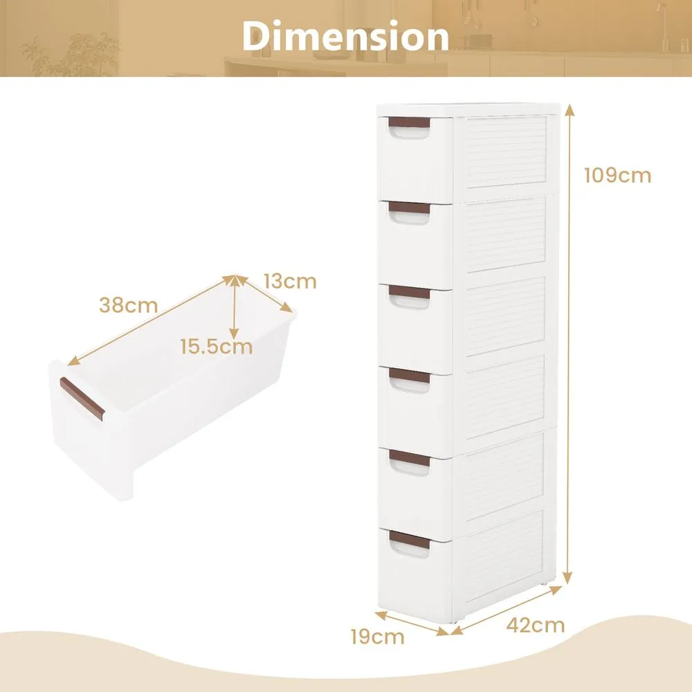 Costway 6 Drawer Tall Storage Cabinet w/4 Wheels Narrow Floor Cabinet Cupboard in White 2
